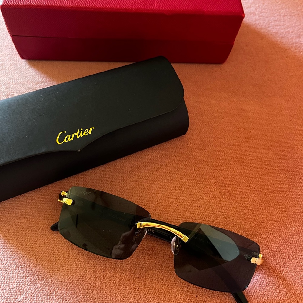 Cartier Gold and Black Rimless Sunglasses with Black Lenses